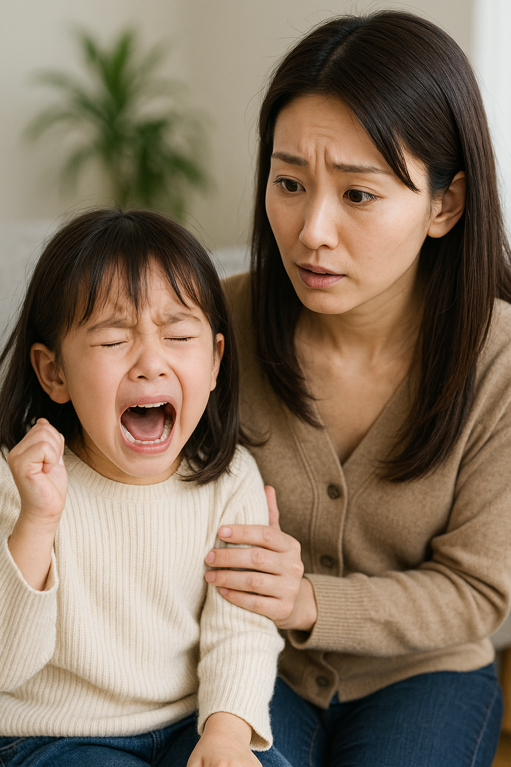 泣いている子どもを抱きしめる母親